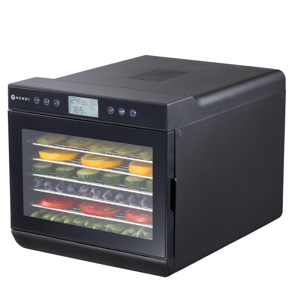 HENDI Dörrautomat, mit 7 Gittern, ideal zum Dörren von Obst, Gemüse und Fleisch, Digitales Bedienfeld, Timer, Temperatur einstellbar von 35ºC bis 70ºC, 230V/460W, 345x450x(H)315mm, Polypropylen