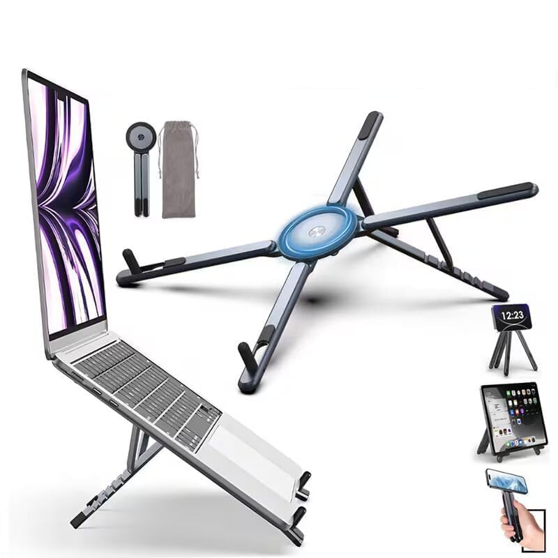 Portable Aluminium Laptop Stand Foldable & Height Adjustable, 360° Multi-Angle Desk Stand for Laptop, Tablet, iPad & Mobile, Magnetic Phone Holder for iPhone, Compact Travel Stand (Titanium Grey)-image-12