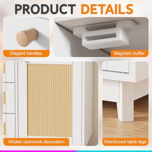 PAKASEPT Baby Changing Table Dresser with 6 Rattan Drawers & Storage Cabinet,White Nursery Changing Station with Adjustable Shelves,Side Open Shelves,Magnetic Door Stop,Diaper Organizer Kids Bedroom — view 3