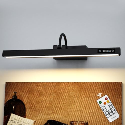 Image of GOVSSING Picture Light, Auto ON /Off Picture Lights for Wall, Hardwired Connection, 16.7 inchMetal Art Light with Remote, Dimmable&3 Color Temps, Rotatable Gallery Light with Indicator, 9W, CRI90+ (Black)