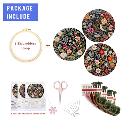 Image of LB Red Floral Embroidery Kit for Beginners Adults, 3 Sets Hand Embroidery Starter Kit with Cute Bird Pattern and Instructions Stamped Cross Stitch Kits Include Embroidery Hoop Needles Threads Scissors