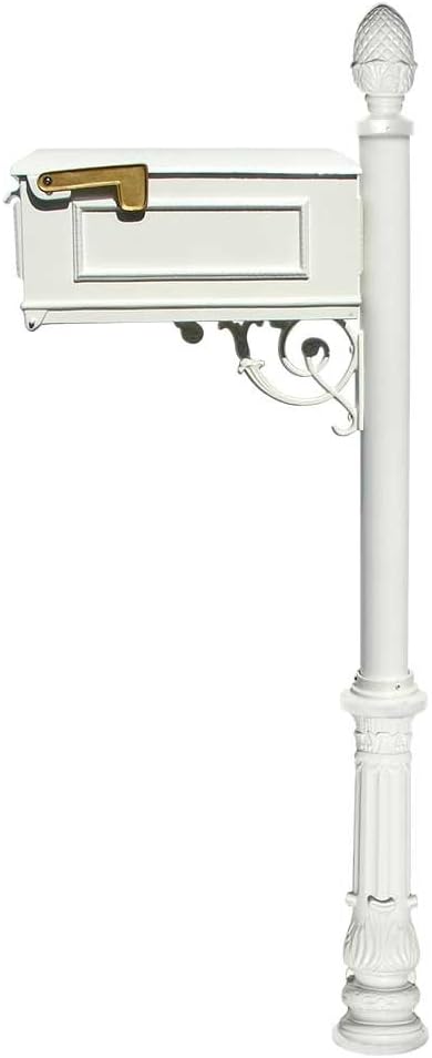 Qualarc Lewiston Cast Aluminum Post Mount Mailbox System with Post, Aluminum Mailbox, Ornate Base and Pineapple Finial, White, Ships in 2 boxes