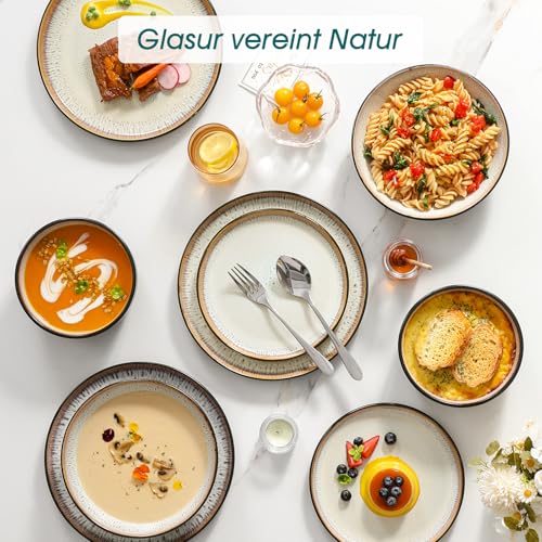 Steingut Geschirr Set 12 Personen Beige, vancasso AMBER Teller Set 12 Personen, Tafelservice 48tlg mit Speiseteller, Dessertteller, Suppenteller, Schüssel, Reaktive Glasur, Hellgelb, Spülmaschinenfest