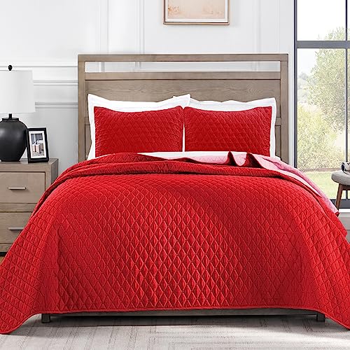 Exclusivo Mezcla Reversible California King Size Quilt Bedding Set with Pillow Shams, Lightweight Quilts Cal King Size, Soft Bedspreads Bed Coverlets for All Seasons - (Red, 112"x104")