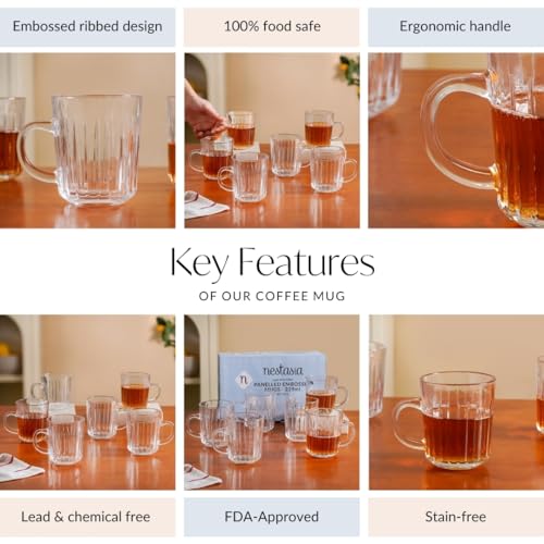 Image of Nestasia Set of 6 Transparent Glass Tea Cups (230ml Each) - Ribbed Durable & Chip-Resistant Coffee Mugs | Perfect for Coffee, Tea, Hot & Cold Beverages
