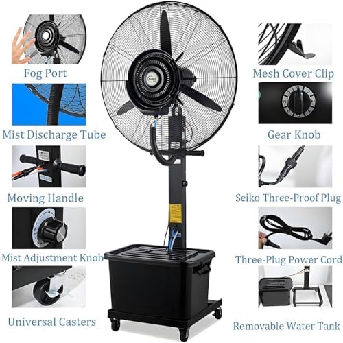 Heavy Duty 42L Outdoor Oscillating Fan, 90° Cooling Misting Fan with 3 Speeds, Ideal for Patios, Workshops, Warehouses - 11 Gallon Industrial Pedestal Fan (750mm)