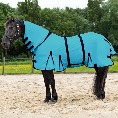 Image of Horse Fly Sheet with Attached Neck Cover & Tail Flap | UV Protection Mesh Horse Blanket, Full Body Bug & Sun Shield, Buckles, Belly Wrap & Gussets for Spring Summer Riding Rug (Turquoise, 80 inch)