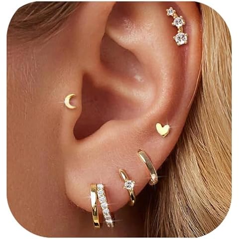 Small Gold Hoop Earrings for Women Dainty Gold Earrings, 14K Gold Plated Hypoallergenic Stud Earrings Set Cartilage Earrings for Multiple Piercing for Women