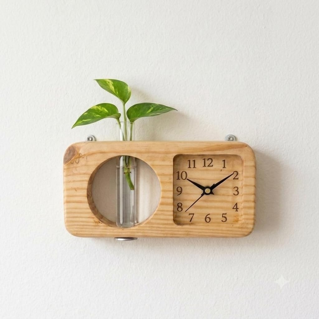 Wooden Handcrafted Wooden Wall & Table Clock with Glass Test Tube Planter | Aesthetic Hydroponic Plant Vase for Home, Office Desk & Room Decor-image-24