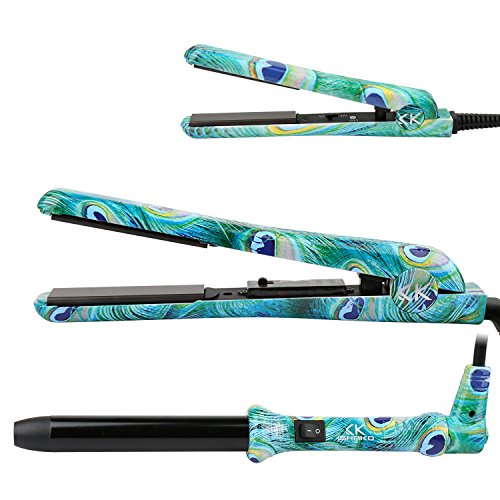ISHAKO Flat Irons and Curling Iron Set 3-in-1 Ceramic Hair Straightener for All Hair Types Styling Tools with Glove Dual Voltage for Worldwide Use (Turquoise Peacock)