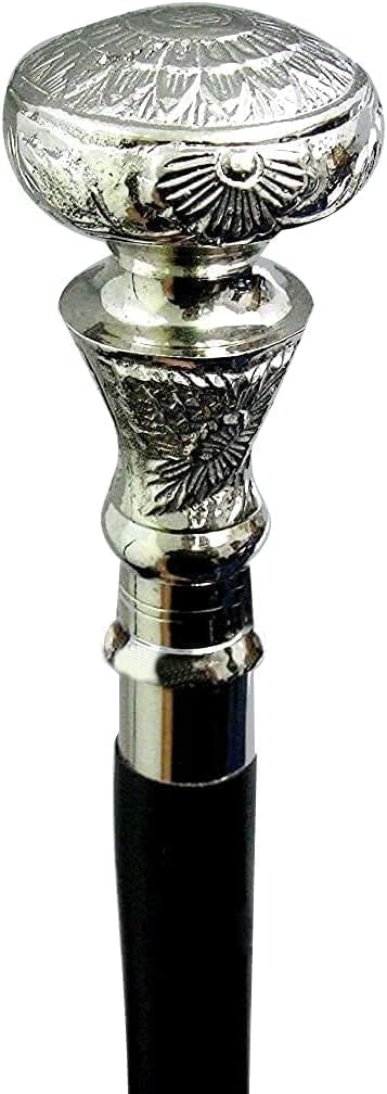 Victorian Walking Silver Handle & Black Wooden Cane Shaft Vintage, Chrome, Black - Image 3