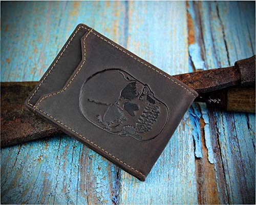 DK86 Men's Leather Skull Slim Wallet with Money Clip Minimalist Bifold Front Pocket wallet for Men RFID Blocking Full Grain Leather (Coffee Skull) - Image 3