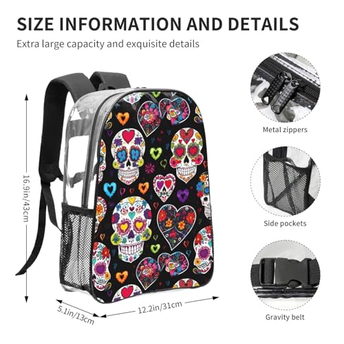 Sugar Skulls Print Transparent Backpack PVC Bag Spacious Compartments Men Women Trip And Daily Use4