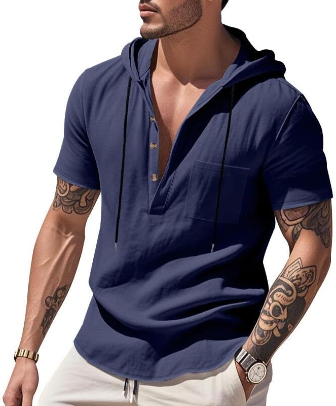 LIZALIG Men's Casual Linen Blend Shirt Short Sleeve Hooded Pullover 1/4 Button Henley Shirt for Vacation and Daily Wear