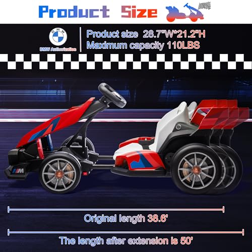 Electric Go Kart with Adjustable Seat, 24V 9AH Drift Kart with Dual 200W Motors, Crazy Go Cart for Kids Ages 6-12, Licensed BMW, LED Lights, Drift Mode and 2 Speed (Red) - Thumbnail 2