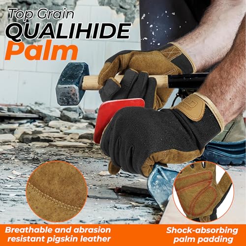 Image of HANDLANDY Leather Work Gloves for Men & Women, Utility Mechanic Touch Screen Working Gloves for Gardening, Driving, Tool Handling, Construction (Brown Black, Small)