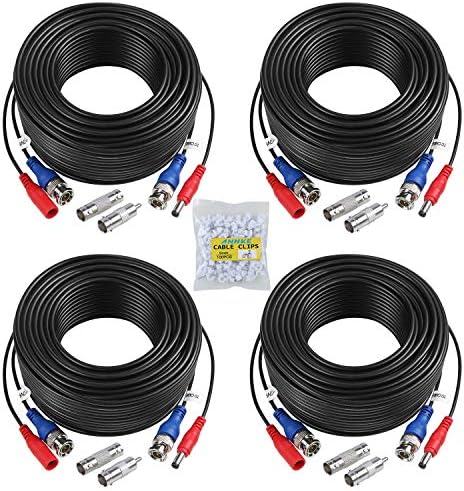 SANNCE 4-Pack 100ft BNC Video and Power Security Camera Cable with BNC Connectors and RCA Adapters for CCTV Camera System 100pcs Cable Clips (Black)