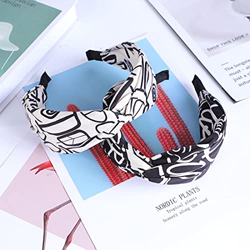 2 PCS Knot Headbands for Women Fashion Headbands Top Knotted Headbands for Women Hair Bands for Women's Hair, Black and White Satin Fabric Covered Turban Headbands for Women Head Wrap