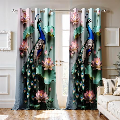 Image of Ultimate Trends Room Darkening Digital Printed Peacock Prints Curtain 65-70% Opacity,Diamond Eyelets, Tie Back, 9 FEET Pack of 1,Misty Aqua & Pink