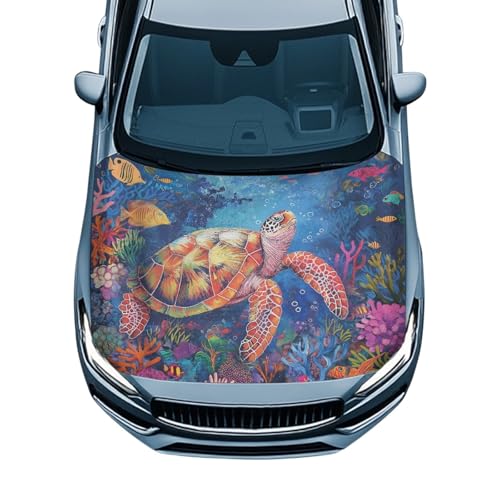 Image of Turtle Pattern Car Hood Cover Easy to Install Car Hood Cover Protector Elastic Fabrics Can be Washed Stretch Polyester Fabric Cover Personalized Suitable for Cars