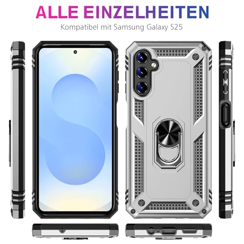 Image of Heavy Duty Case for Samsung Galaxy S25 Phone Case with Screen Protector, Military Grade Shockproof Rugged Protective Cover for Samsung S25, with Metal Ring Magnetic Kickstand (Silver)