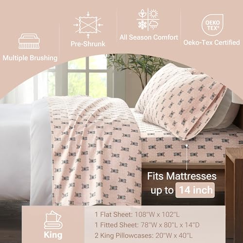Image of True North by Sleep Philosophy Cozy Flannel Warm 100% Cotton Sheet - Novelty Print Animals Stars Cute Ultra Soft Cold Weather Bedding Set, King, Pink French Bulldog 4 Piece
