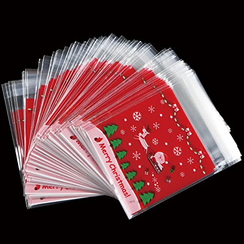 Christmas Cellophane Bags, Christmas Cookie Treat Bags, 100PCS Self Adhesive Xmas Sweet Bags Candy Bags for Christmas Party Favors (10 * 10cm)