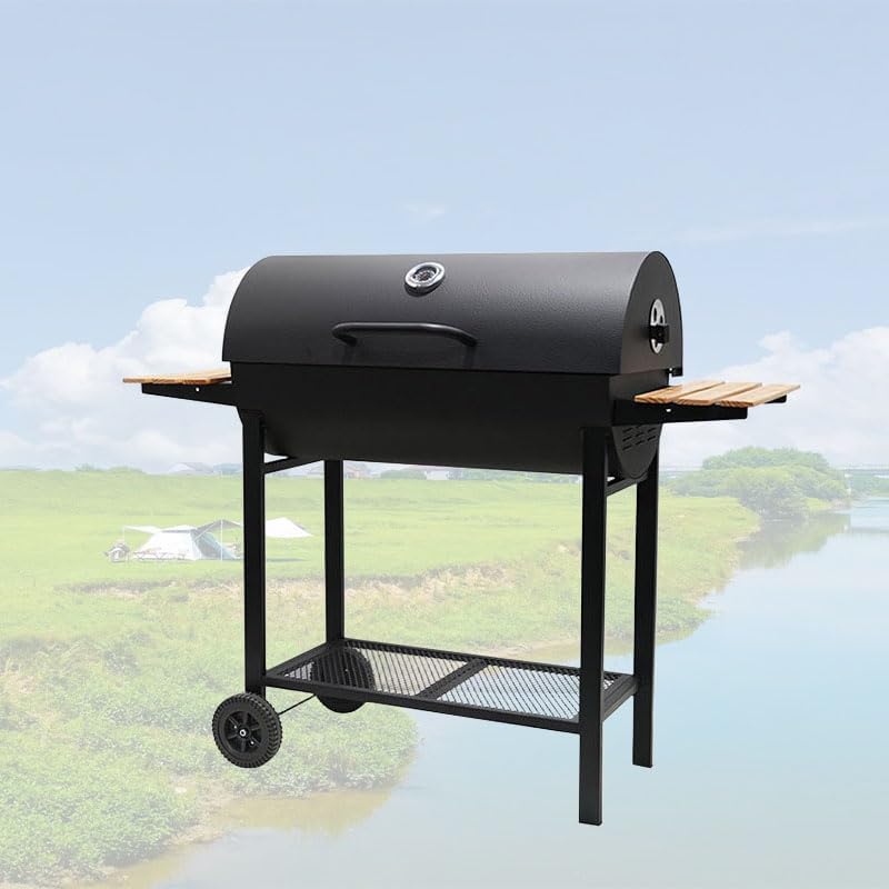 Parrilla de carbón con dos mesas laterales, parrilla de barbacoa de acero resistente para pícnics al aire libre, patios traseros y fiestas