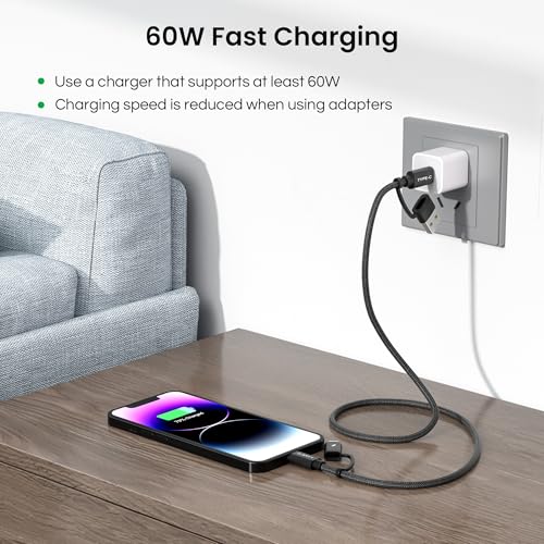 Basesailor 4-in-1 USB C to USB C Cable 10ft,60W Fast Charging Multi Charger Cord with USB-A Adapter/iOS/Type C for iPhone 15 14 13 Mini Max,Apple iWatch 9 8,MacBook Pro,iPad Air,S24 S23 S22 Plus