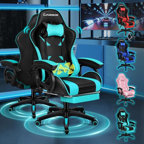 ELFORDSON Gaming Chair with 2-point Massage Lumbar Cushion High Back PC Computer Game Chair 150 Reclining Office Chair with Headrest & Footrest 360 Swivel Home Esports PU Leather Cyan