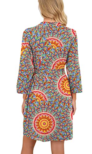 Image of PrinStory Robes for Women Short Knit Bathrobe S-2XL | 3 /4 Sleeve Bathrobes with Pockets, Stretchy and Lightweight Fabric, Inner Tie and Fixed Outer Belt, Mid Thigh Length