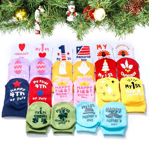 11 Pairs Baby Socks Gift Set Baby 1st Christmas Socks Baby Socks with Sayings on The Bottom Non Slip Unique Newborn Baby Socks with Grips for Various Festival Seasons Unisex,0-12 Months