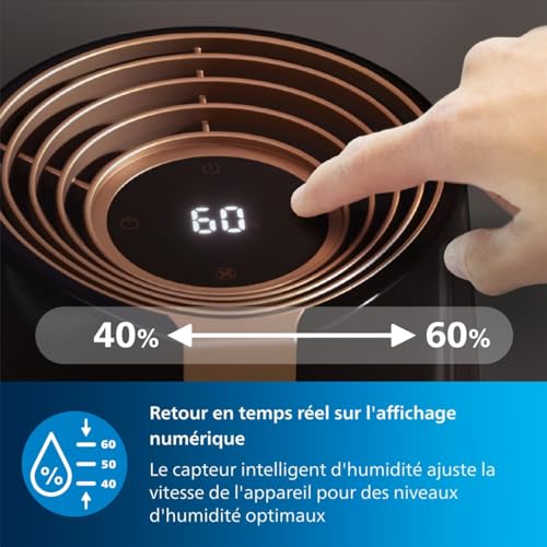Humidificateur Philips Série 3000, 45 m², 99,97% moins de bactéries, 300 ml/h, 3 vitesses, mode sommeil, ultra silencieux (33 dB), capteur d'humidité, minuteur, réservoir 3L, noir (HU3918/10)