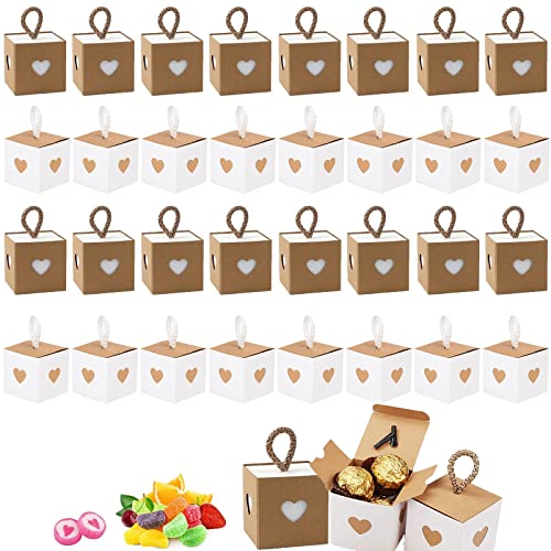 40 Stück Mini Retro Kraftpapier Geschenkbox, Pralinenschachtel Leer, Gastgeschenk Box Weiß, Kraftpapierbox mit Braunem, mit Herz Tags Und Schnur, für Hochzeit, Taufe, Süßigkeiten Geschenkverpackunge