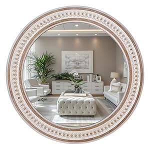 24 Inches Rustic Round Wall Mirrors – Wooden Farmhouse Circle Mirror for Bathroom, Entryway, Bedroom, Living Room, Entryway Decorative