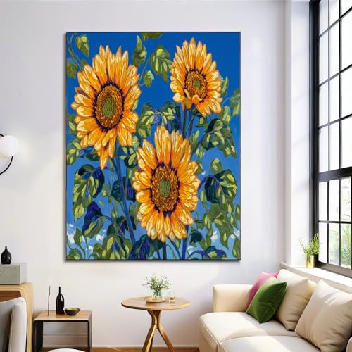 Pintura de plantas vintage en lienzo azul oscuro con girasoles luminosos de 80x120cm sin marco