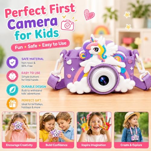 Image of Brand Conquer Kids Camera for Girls with Unicorn Design, HD Digital Camera for Children Age 3-10, Rechargeable Mini Toddler Camera with 2.4 inch IPS Screen, Selfie, Video Recording, Games & Strap (Purple)