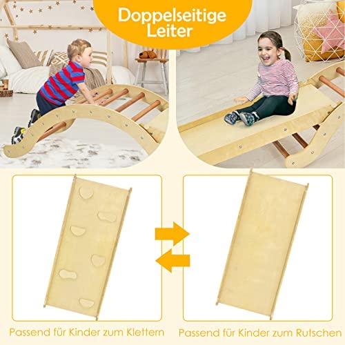 Foto von COSTWAY Kletterbogen mit Rutsche, Kletterdreieck Holz, 3 in 1 Klettergerüste Indoor zum Rutschen, Klettern und Wippen, inkl. umkehrbare Rampe, für Kinder ab 1 Jahre (Natur)