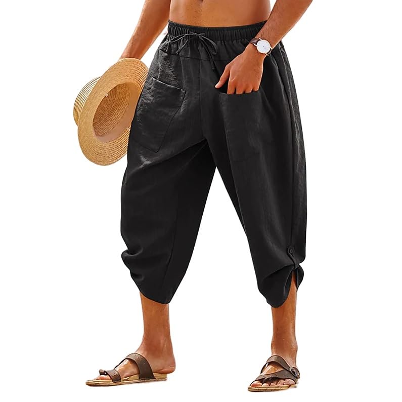 Mens Casual Linen Capri Pants Boho Harem Elastic Waist Trousers Yoga Drawstring Straight Legs Lightweight Pant