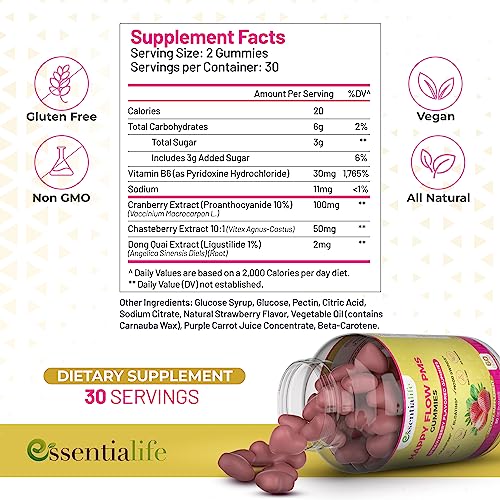 Image of PMS Gummies - Happy Flow PMS Support Supplement for Women - Strawberry PMS Relief Supplement with Vitamin B6 for Hormone Balance, Period Support, Cramps, Hormonal Acne & Bloating Relief (60 Count)