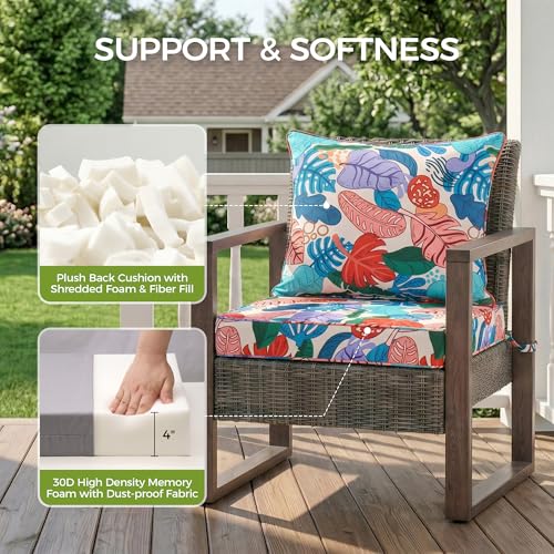 Image of UNIKOME 24 inchx24 inchx4 inch Outdoor Chair Cushions Set - Waterproof Patio Cushions for Outdoor Furniture with Removable Cover, Ties & Handle, Deep Seat Patio Cushions for Sofa Couch - Colorful Leaves
