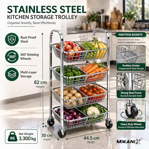 Image of MIKANIX Stainless Steel Vegetable & Fruit Storage Rack with Wheels, Kitchen Storage Basket Organizer, Rust Proof Stand for Onion, Potato, Fruits & Vegetables Trolley (4 Rack & 8 PARTITION)