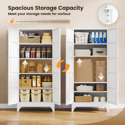 Image of Yizosh Metal Storage Cabinet with 2 Doors and 4 Adjustable Shelves,- 72 inch White Kitchen Pantry Storage Cabinet for Kitchen,Living Room,Dining Room