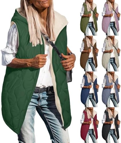 Long Sherpa Vest for Women Sleeveless Puffer Jacket Reversible Fleece Hoodie Vest Warm Winter Zip up Coats Outerwear
