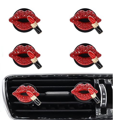 Image of ORIESSE 4pcs Red Car Vent Clips Air Freshener Dazzling Lips Lipstick Girly Car Decor Accessories for Women Bling Car Interior Decorations Refillable Diffuser