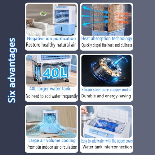 Enfriador de aire portátil de 40 L con hielo, oscilante 120°, silencioso <40 dB, control remoto, 3 velocidades, eficiencia energética para uso en oficina y patio