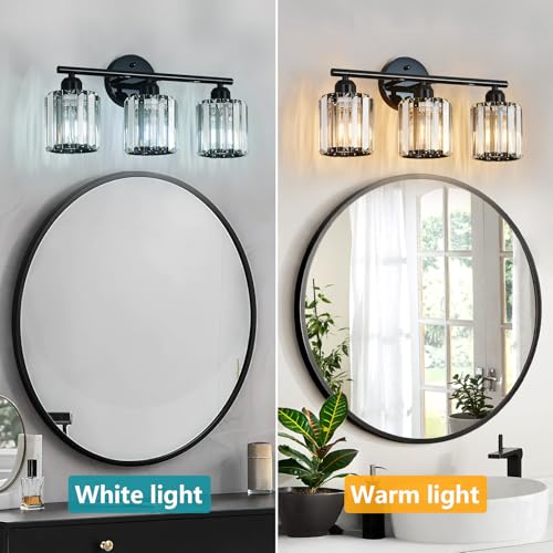 FDPBY Modern 3-Light Crystal Vanity Light, High Gloss Black Bathroom Wall Light Fixtures Over Mirror for Dressing Table and Sink, Compatible with Dimmable Bulbs, Bulbs Not Included by FDPBY - Used condition - Image 2