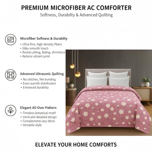 Image of IVAZA Luxury Ultrasonic Punch AC Comforter Blanket - Quilted Microfiber Floral Pattern, Lightweight Breathable All‑Season Blanket for Bedroom, Travel (Singled Bed,228x152 CM) (Pink Grey