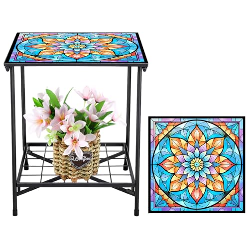Cinnvoice Outdoor Side Table 2-Tier Storage Square Small Mosaic Patio Accent Indoor End Plant Coffee Tea Table for Yard Patio Porch Garden Living Room Bedroom(Mandala Style)