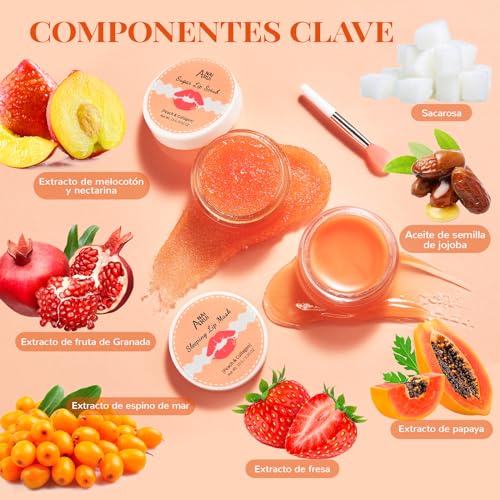 ANAiRUi Set De Bálsamo Labial y Exfoliante Labial, Set De Cuidado Labial, Mascarilla Durmiente Labial y Exfoliante Labios De Azúcar, Reparador Para Labios Secos, Agrietados y Descamados (Melocotón) - imagen 2